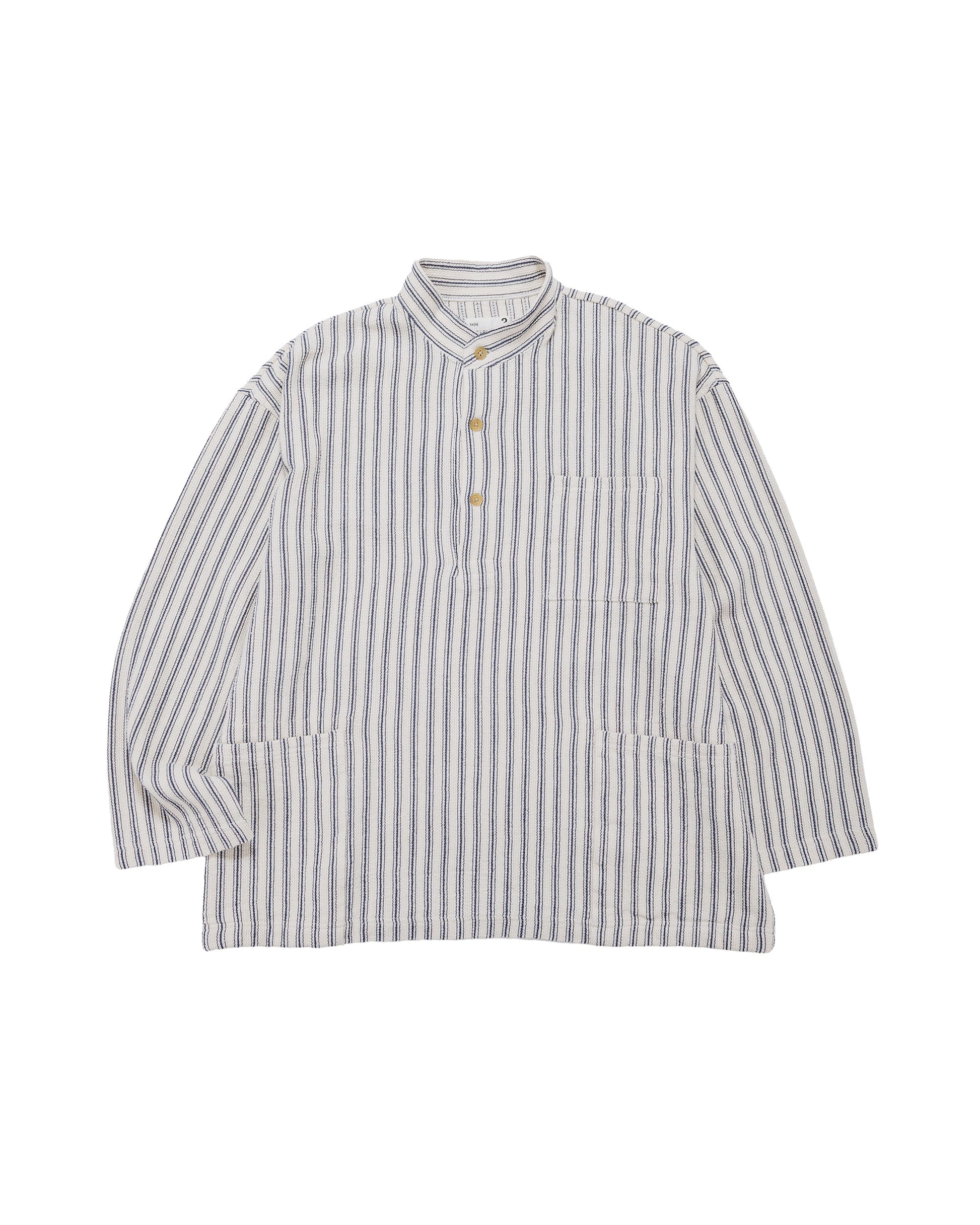 lost & found tss ts(s) Pullover Work Shirt Jacket Rustic Stripe Cotton Mesh Cloth Navy