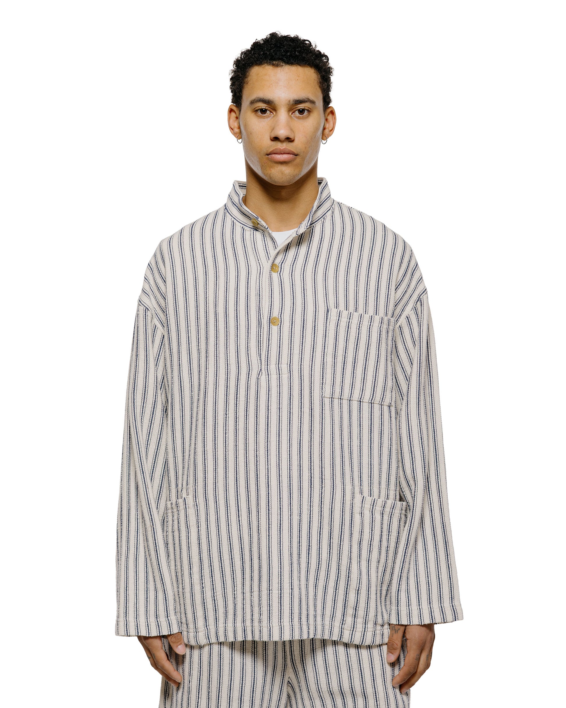 lost & found tss ts(s) Pullover Work Shirt Jacket Rustic Stripe Cotton Mesh Cloth Navy