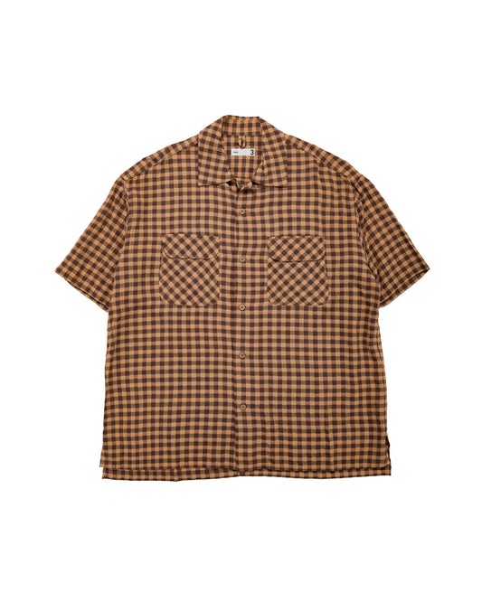 lost & found tss ts(s) Round Flap Pocket Short Sleeve Shirt Gingham Plaid Viscose/Nylon Crinkle Cloth Brown