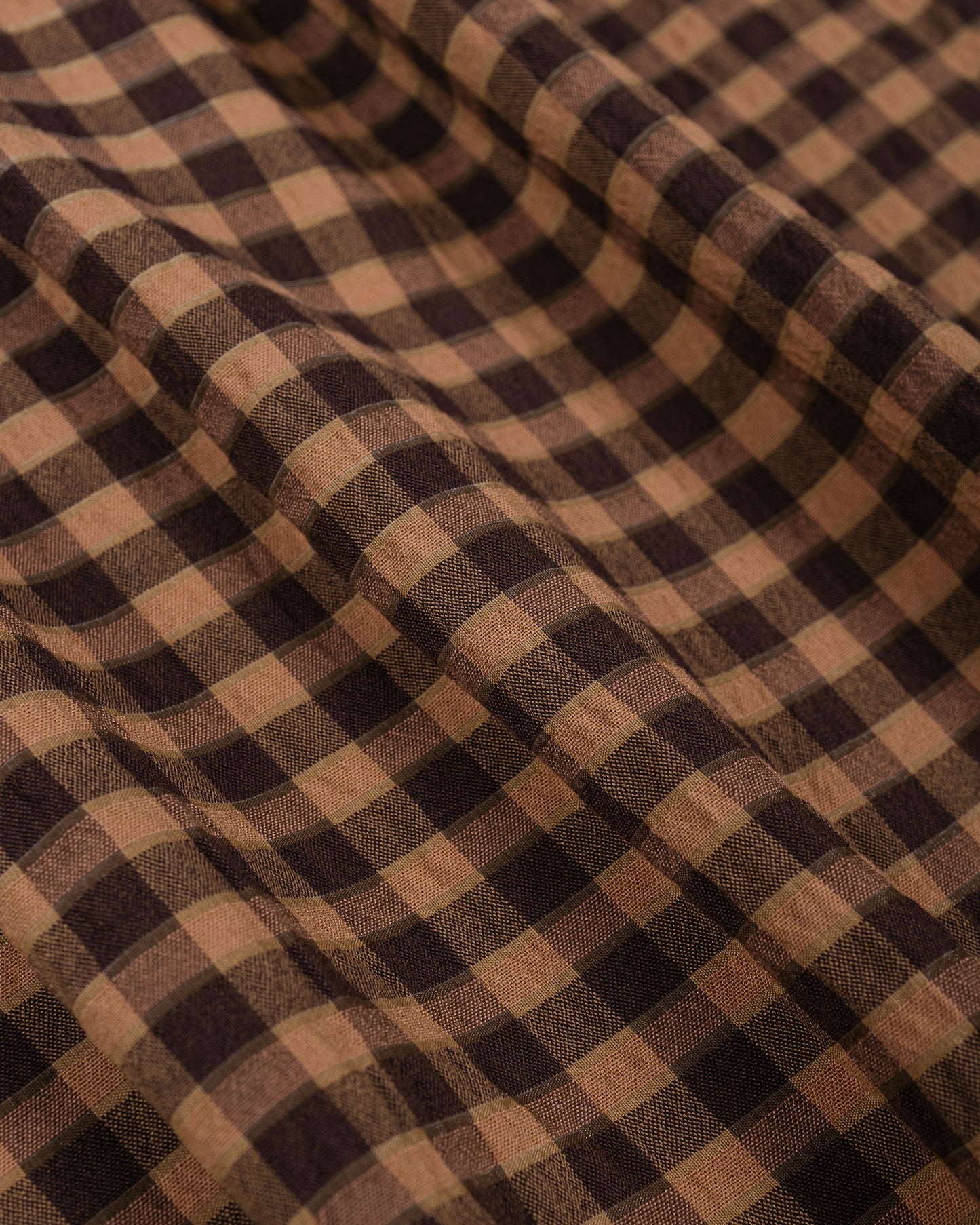 lost & found tss ts(s) Round Flap Pocket Short Sleeve Shirt Gingham Plaid Viscose/Nylon Crinkle Cloth Brown