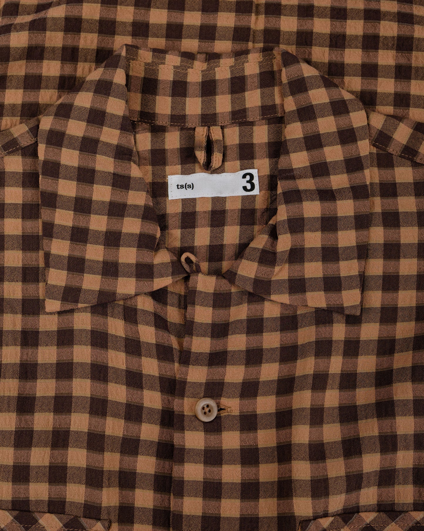 lost & found tss ts(s) Round Flap Pocket Short Sleeve Shirt Gingham Plaid Viscose/Nylon Crinkle Cloth Brown