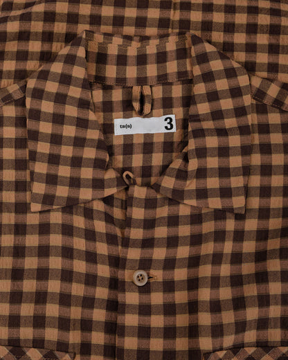 lost & found tss ts(s) Round Flap Pocket Short Sleeve Shirt Gingham Plaid Viscose/Nylon Crinkle Cloth Brown