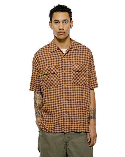 lost & found tss ts(s) Round Flap Pocket Short Sleeve Shirt Gingham Plaid Viscose/Nylon Crinkle Cloth Brown