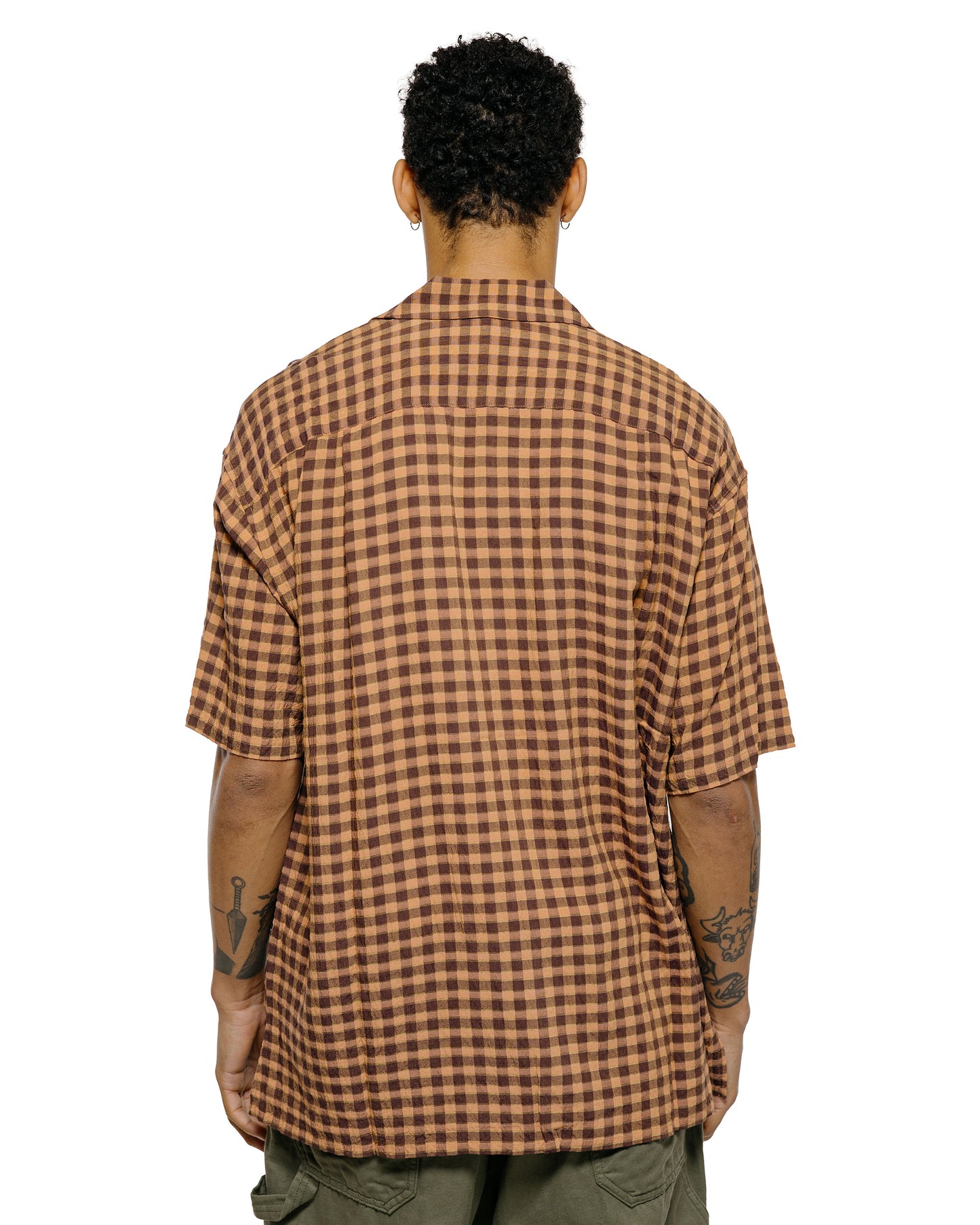 lost & found tss ts(s) Round Flap Pocket Short Sleeve Shirt Gingham Plaid Viscose/Nylon Crinkle Cloth Brown