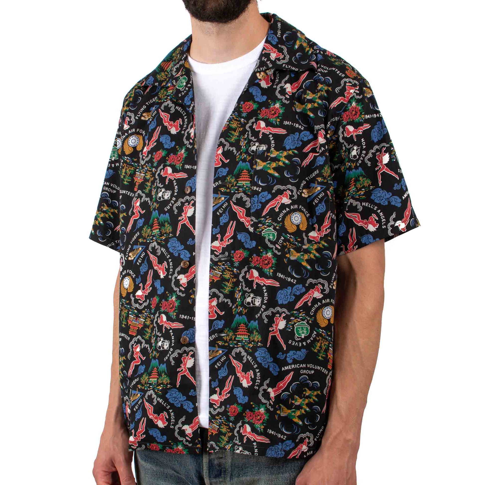 lost & found The Real McCoy's The Real McCoy's MS21002 Cotton Hawaiian Shirt / Flying Tigers Black